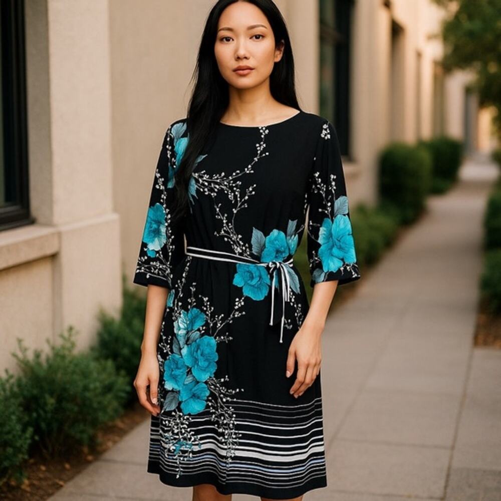 Studio One Womens Dress Size Small Black‎ Aqua Floral Print NEW